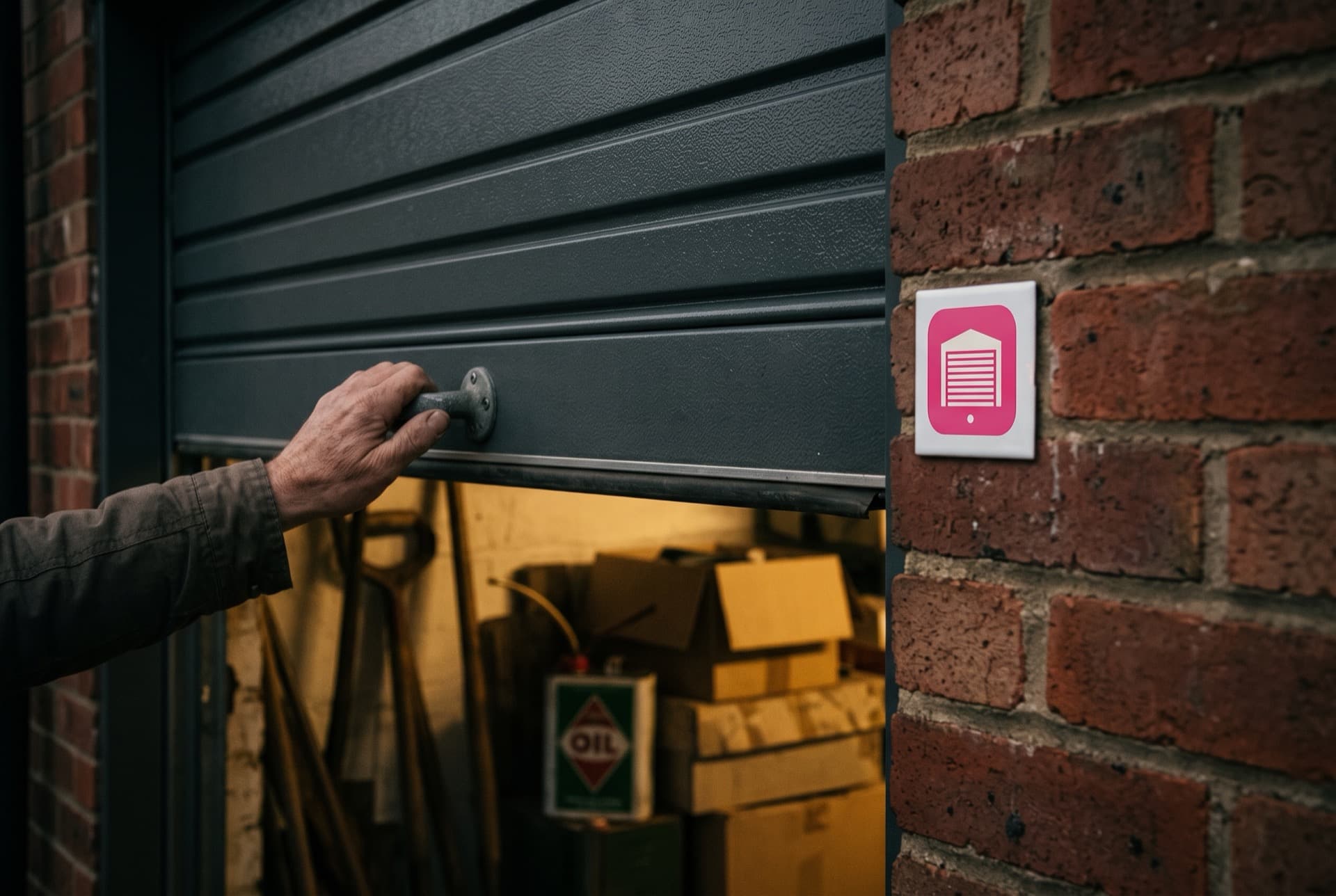 A hand lifting a lock-up garage shutter beside a small pink PinkLockups sign