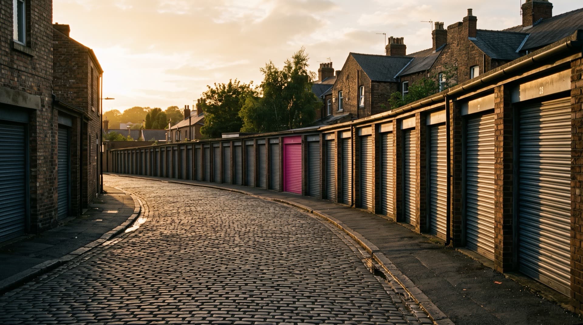 A row of lock-up garages on a local street, one with a pink shutter