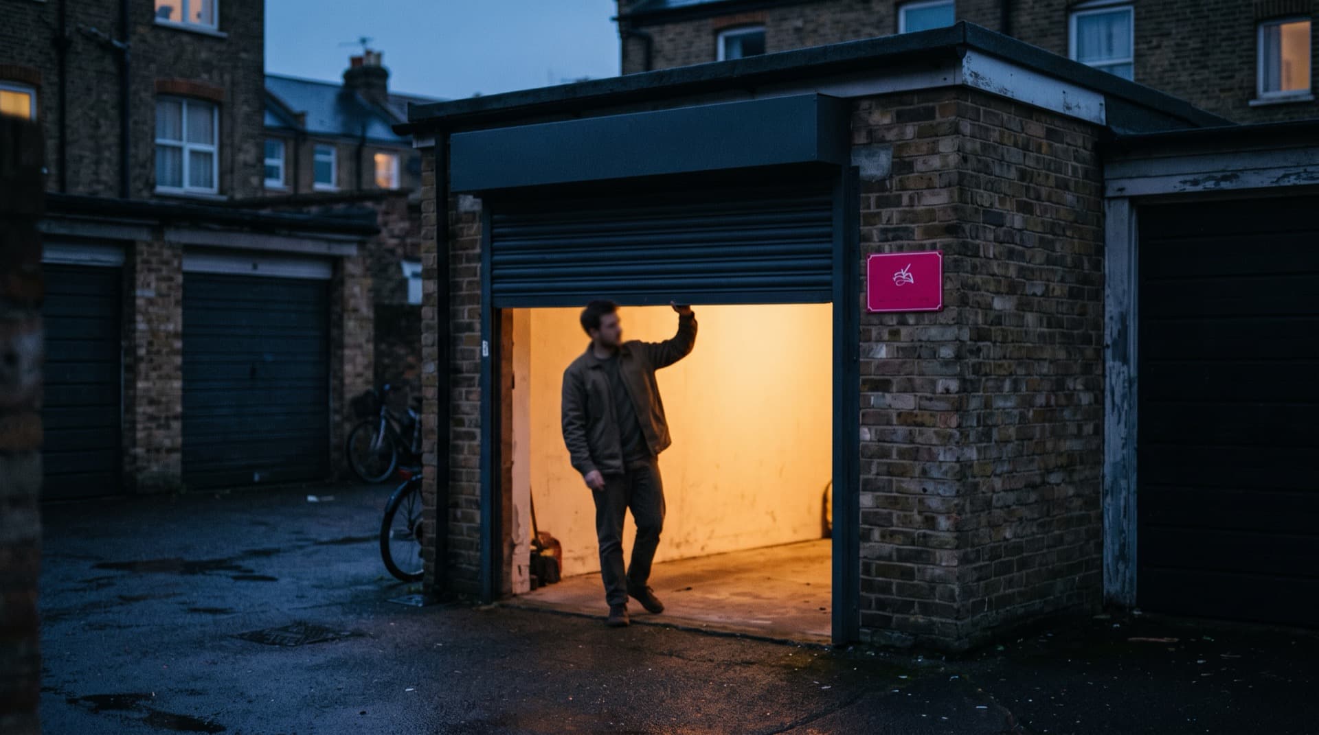 A lock-up garage at dusk with warm light spilling from the open shutter