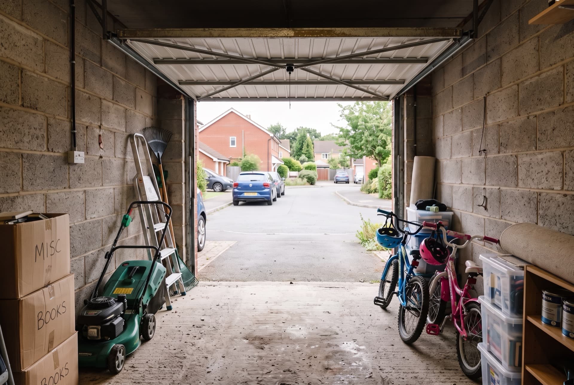 Inside a small residential lock-up garage with everyday household storage